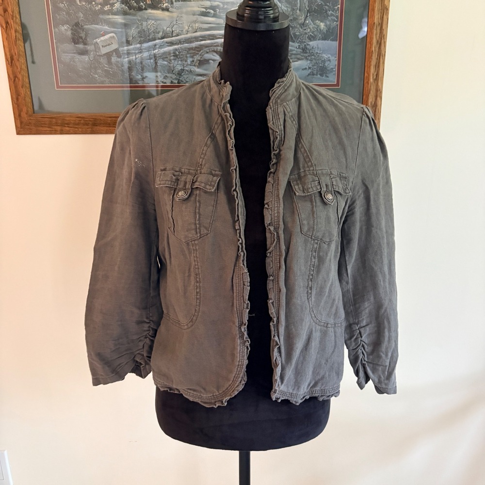 INC International Concepts Linen Jacket Women Medium Gray Ruffle Trim 3/4 Sleeve